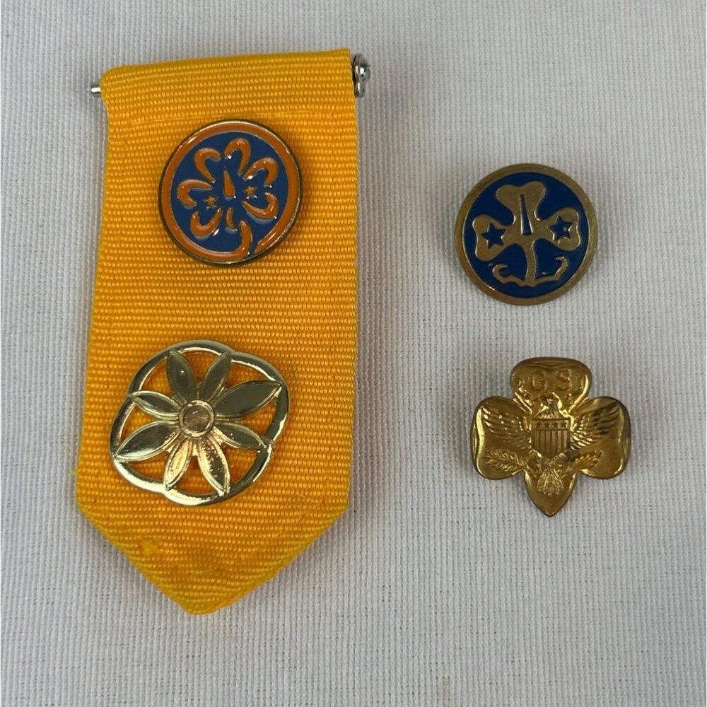 Vintage Girl Scouts Pins Badge Set On Yellow Fabric Ribbon Lot of 5